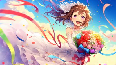 Bride anime, Cute anime, Anime girl, Happy girl, Colorful anime, Flower bouquet, Colorful flowers, 5K, Girly backgrounds