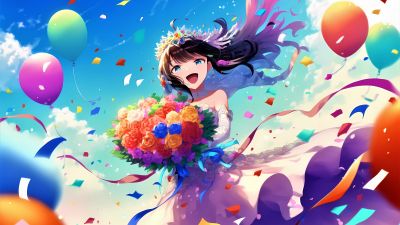 Bride anime, Happy girl, Cute anime, Anime girl, Colorful anime, Flower bouquet, Colorful flowers, 5K, Girly backgrounds, Colorful background
