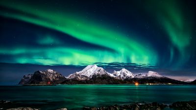 Northern Lights, Mountains, Norway, Night sky, Aurora sky, 5K