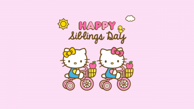 Happy Siblings Day, Cute hello kitties, Pink background, Hello Kitty background