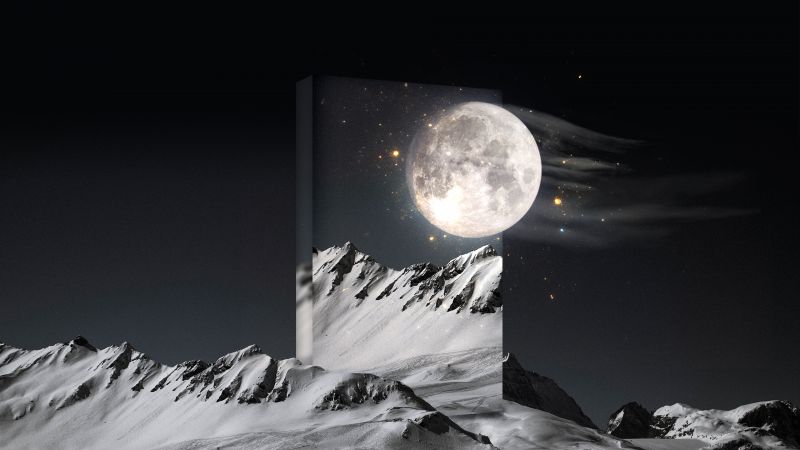 Moon, Cold night, Snow mountains, Magical, Surreal, Wallpaper