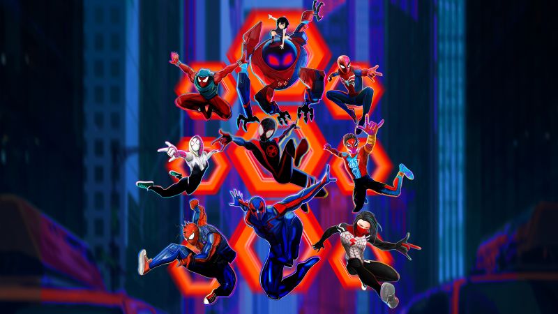 Spider-Man: Across the Spider-Verse, Miles Morales, Spider-Man 2099, Spider-Woman, Spider-Punk, Spider-Man: India, Spider-Gwen, Peni Parker, 2023 Movies, 5K, Wallpaper