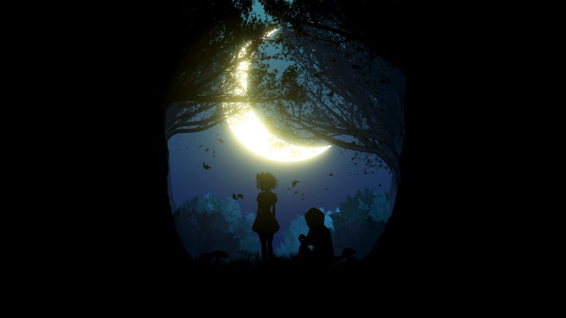 Girl, Boy, Couple, Silhouette, Night, Forest, Crescent Moon, 5K, Black background, Wallpaper