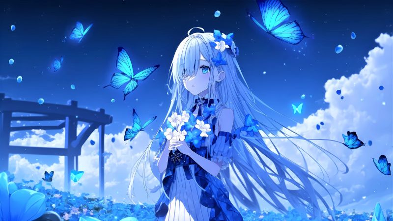 Anime girl, Butterflies, Blue background, 5K, Wallpaper