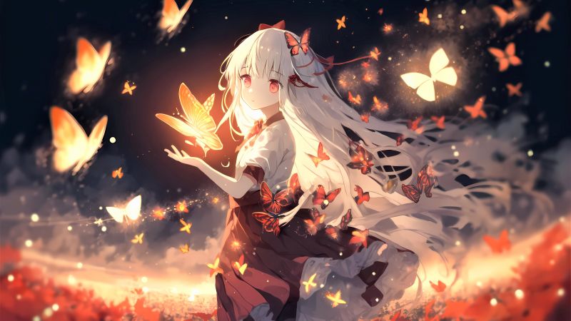 Anime girl, Surreal, Butterflies, 5K, Wallpaper