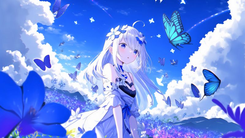 Anime girl, Butterflies, Blue background, Blue Sky, 5K, Wallpaper