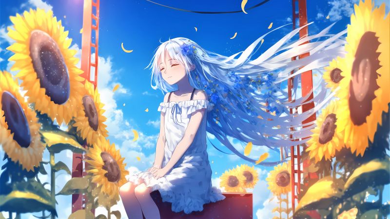 Happy girl, Sunflowers, Anime girl, Sunny day, 5K, Wallpaper