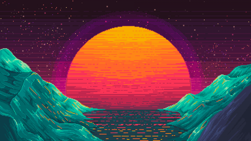 Sun, Dawn, Valley, Pixel art, Sunset, Outrun, Wallpaper