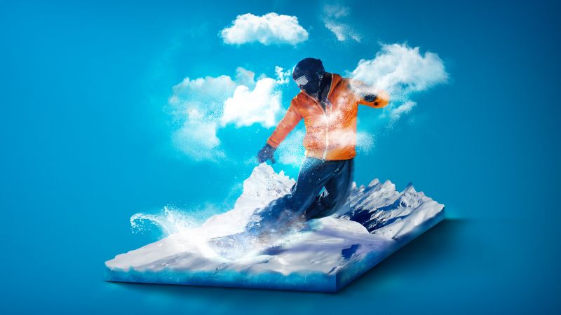 Snowboarding, Surreal, Blue background, Wallpaper