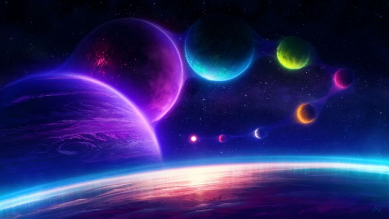 Planets, Colorful Sky, Surreal, Stars, Colorful background, Wallpaper