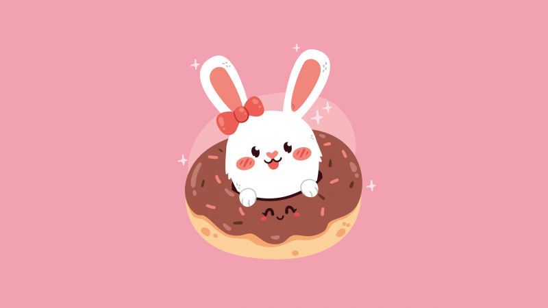Cute rabbit, Kawaii food, Kawaii rabbit, Pastel pink, 5K, Pastel background, Kawaii donut, Wallpaper