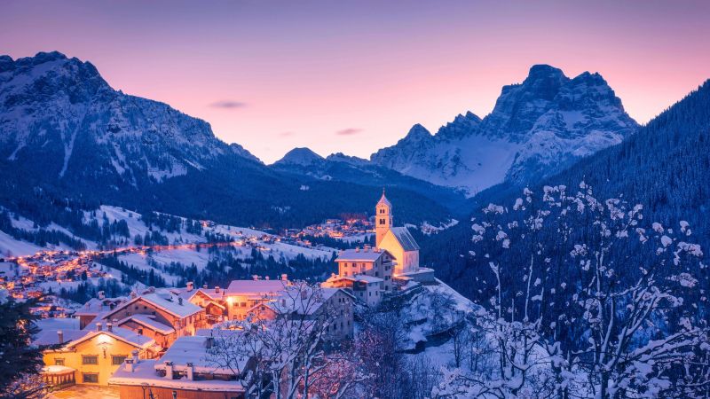 Colle Santa Lucia, Winter, Dawn, Italy, Veneto, Belluno, Agordino, Dolomite mountains, 5K, Wallpaper