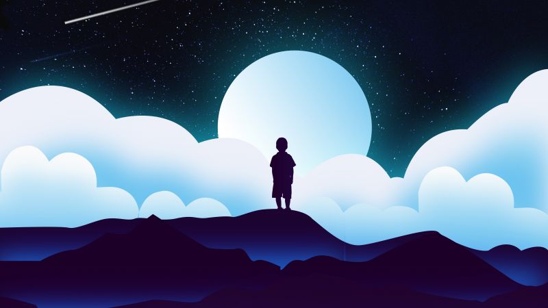 Boy, Kid, Alone, Silhouette, Moon, Night, Clouds, Illustration, Starry sky, 5K, Wallpaper
