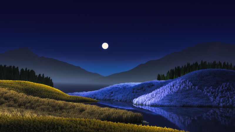 Night, Landscape, Surreal, Windows 11, Moon, Lake, Colorful, Wallpaper