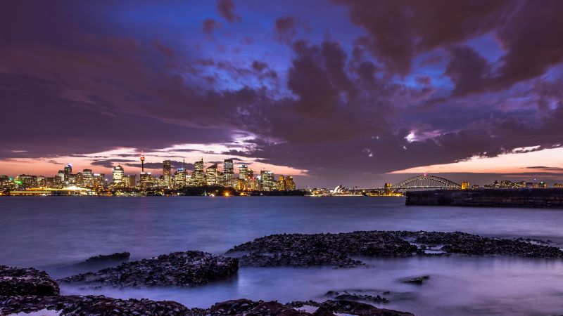 Sydney, Cityscape, Australia, Dusk, City lights, Night City, Sydney Harbour, 5K, Wallpaper