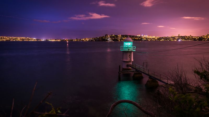 Sydney Harbour, Lighthouse, Australia, Dusk, City lights, Night City, 5K, Wallpaper