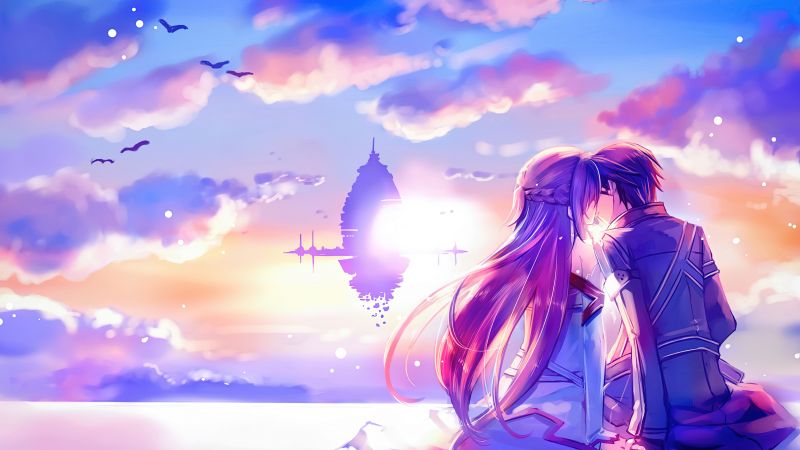 Sword Art Online, Kirito (Kirigaya Kazuto), Asuna, Anime couple, Love couple, Romantic kiss, Aesthetic anime, Wallpaper