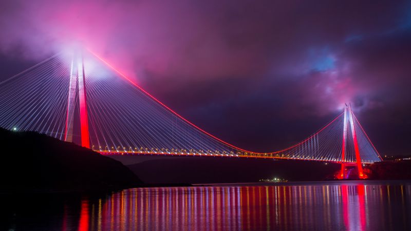 Yavuz Sultan Selim Bridge, Istanbul, Turkey, 5K, Night lights, Reflection, Wallpaper