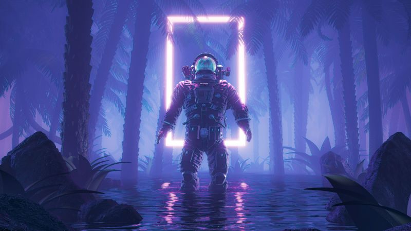 Astronaut, Sci-Fi, Cyberpunk, Neon background, Psychedelic, 5K, Forest, Blue background, Wallpaper
