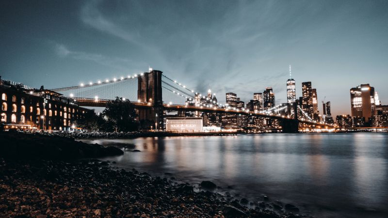 Brooklyn Bridge, New York City, Night City, City lights, USA, Reflection, Crescent Moon, Cityscape, Wallpaper