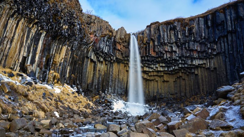 Svartifoss waterfall, Vatnajökull National Park, Lava columns, Rocks, Iceland, Wallpaper