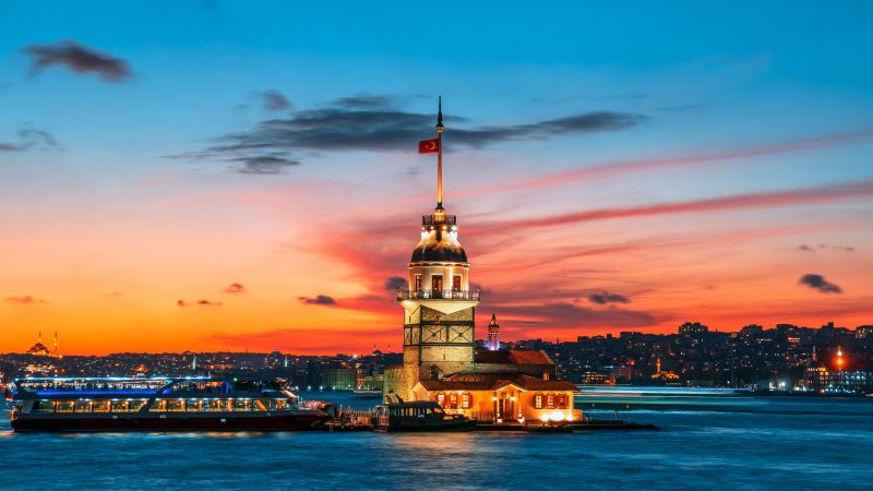 Kız Kulesi, Maiden's Tower, Istanbul, Turkey, Landmark, 5K, Twilight, Sunset, Wallpaper