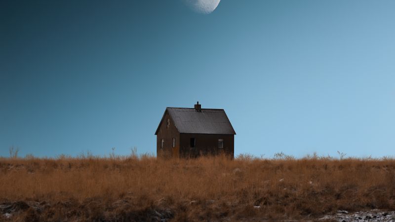 Moon, Aesthetic, Iceland, House, Landscape, Outdoor, Countryside, Rural, Grass field, Summer, Wallpaper