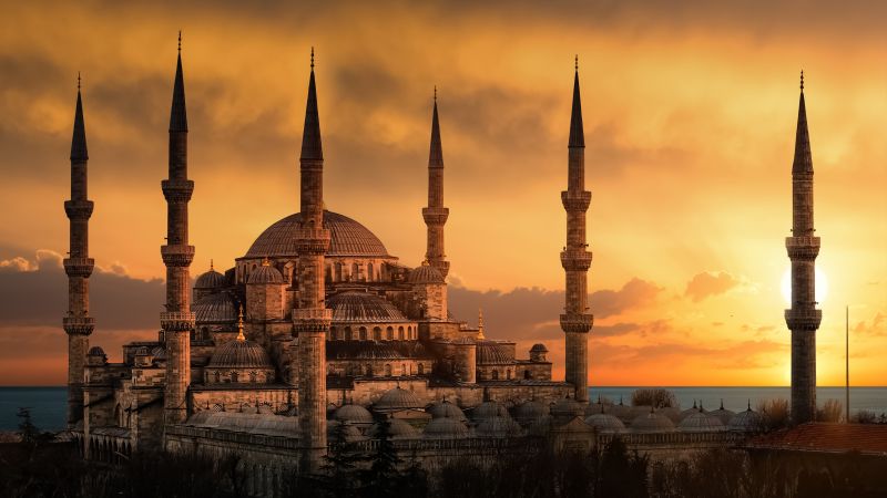Blue Mosque, Sultan Ahmed Mosque, Istanbul, Turkey, Ancient architecture, 5K, 8K, Sunset, Islamic, Spiritual, Wallpaper