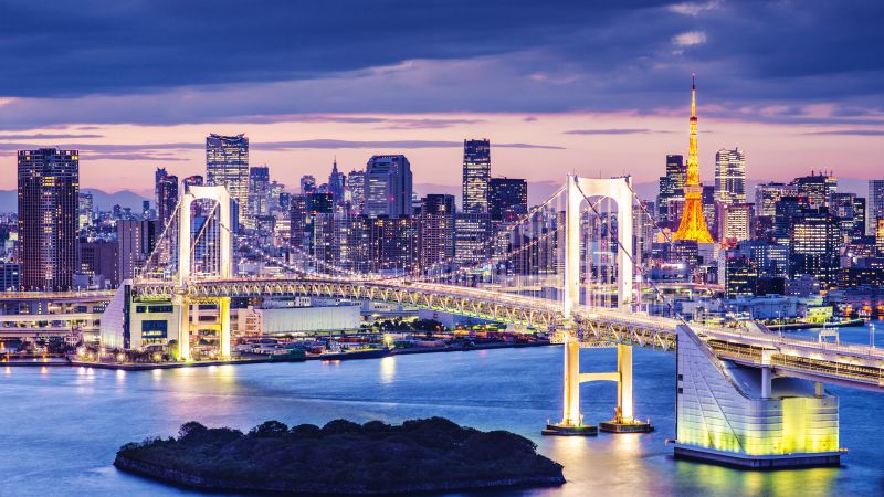 Rainbow Bridge, Tokyo, Japan, Twilight, Cityscape, City lights, 5K, Wallpaper
