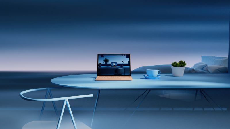 Laptop, Windows 11, Aesthetic interior, Blue aesthetic, Work from Home, Workspace, Wallpaper