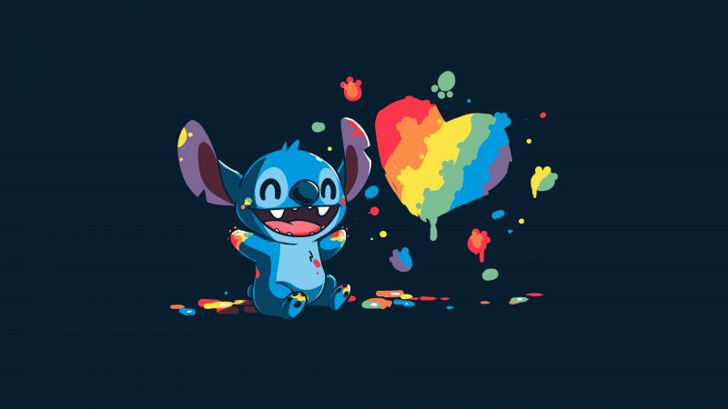 Stitch, Love heart, Illustration, Rainbow, Dark blue, Paint, 5K, 8K, Wallpaper