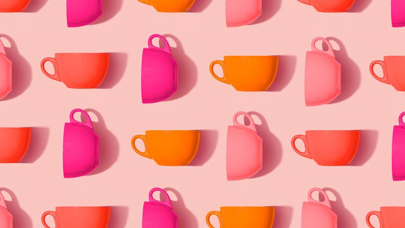 Tea cups, Pink cups, Orange cups, Rose background, Aesthetic, Pattern, Wallpaper