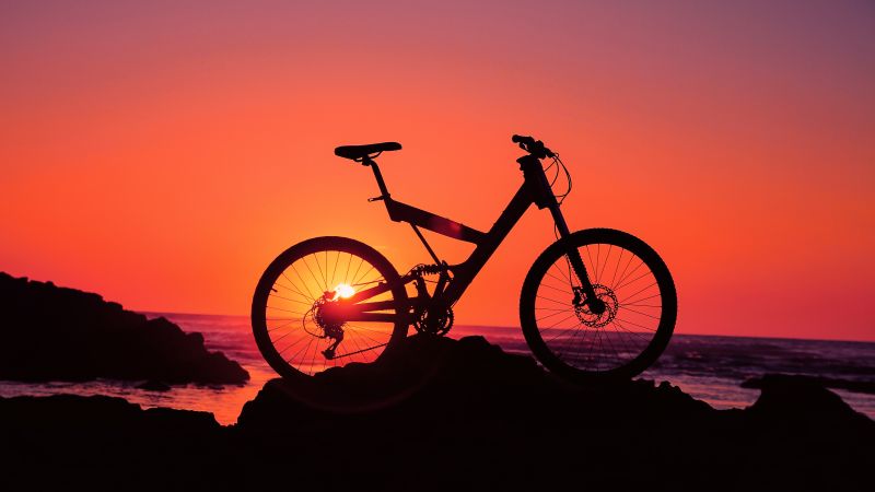 Bicycle, Silhouette, Sunset, Beach, Morocco, 5K, Wallpaper