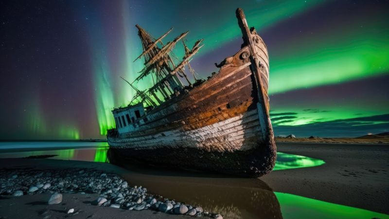 Abandoned, Ghost ship, Aurora, Shipwreck, Northern Lights, 5K, 8K, Wallpaper
