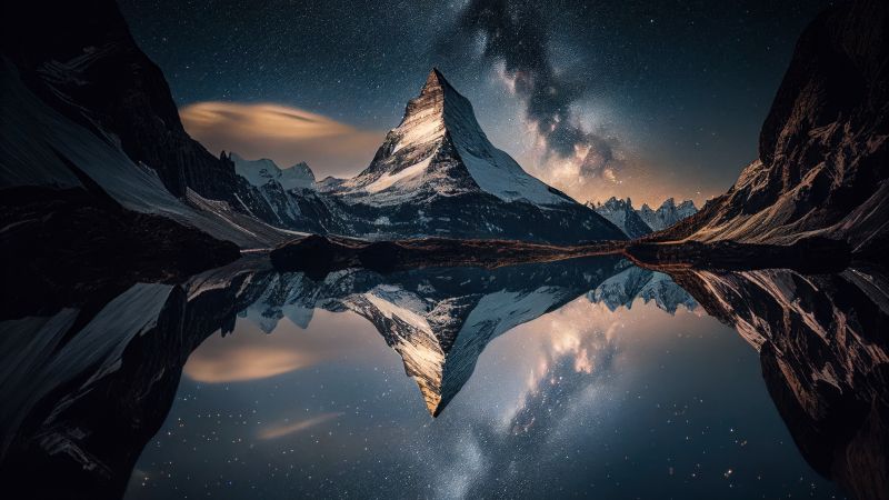 Matterhorn, 8K, Mountain Peak, Alps mountains, Switzerland, Milky Way, Swiss Alps, 5K, Reflection, Wallpaper