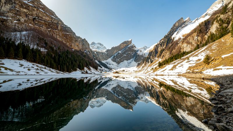 Seealpsee lake, Swiss Alps, Mountain range, Reflection, Daytime, Lake, Winter, Switzerland, 5K, Wallpaper