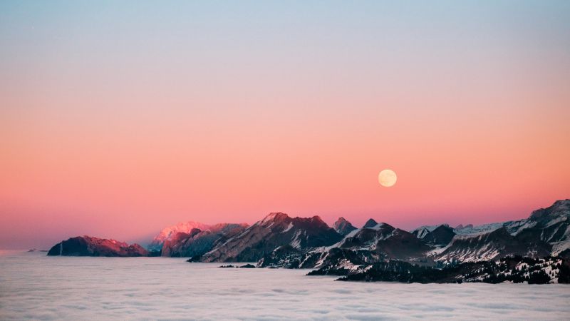 Fronalpstock mountains, Schweiz, Switzerland, Twilight, Moonrise, 5K, Wallpaper