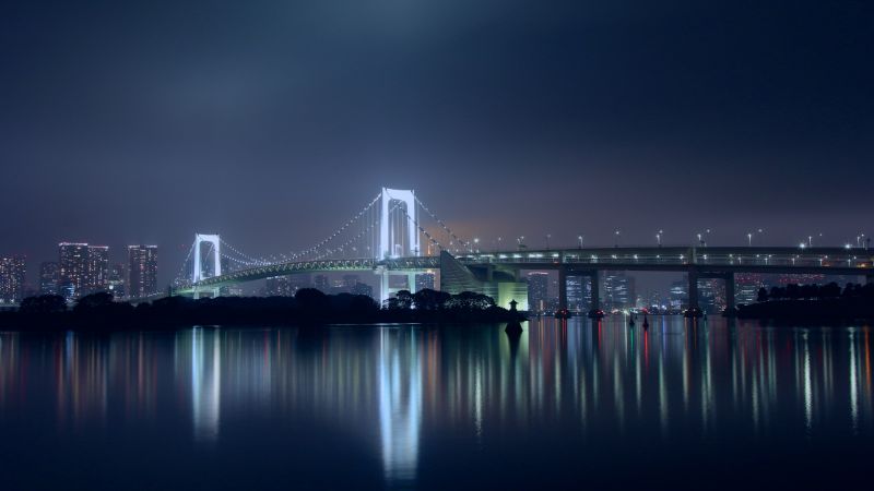 Rainbow Bridge, Tokyo, Japan, Night, City lights, Reflection, 5K, Suspension bridge, Wallpaper