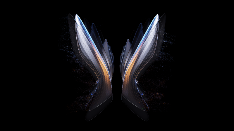 Symmetric, Abstract background, Black background, Angel wings, Fold phone, Wallpaper