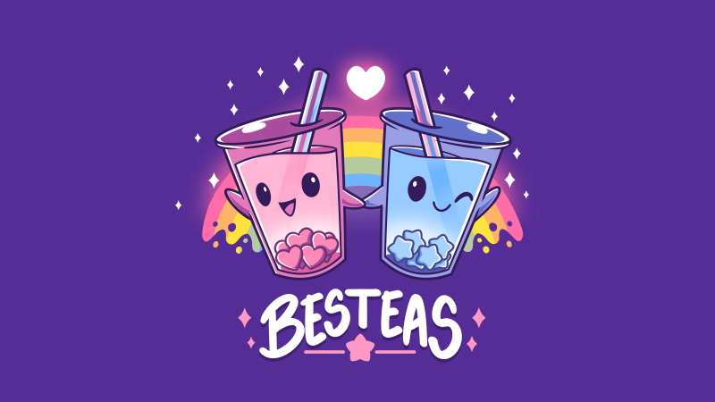 Kawaii bubble tea, Love hearts, Rainbow, Best friends, Cute cups, Purple background, Aesthetic, 8K, 5K