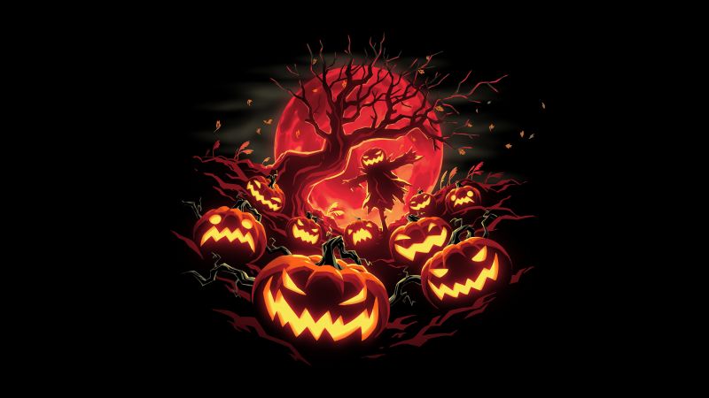 Halloween pumpkins, Haunted, Scarecrow, 5K, Black background, 8K, Jack-o'-lantern