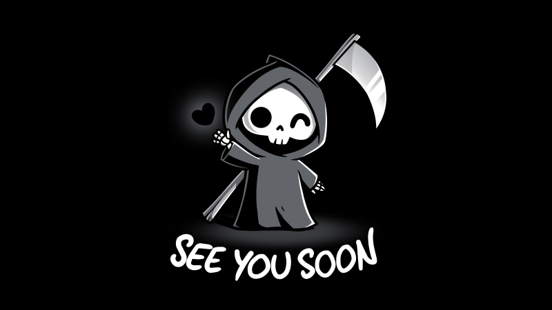 See you soon, Grim Reaper, Black heart, Black background, 5K, Cartoon, 8K, Wallpaper