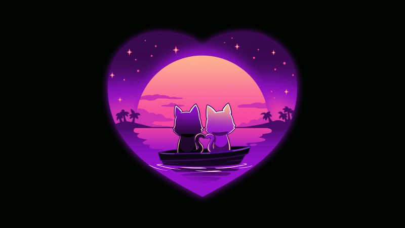 Romantic, Sunset, Love heart, Purple aesthetic, Black background, 5K, 8K, Couple, Wallpaper