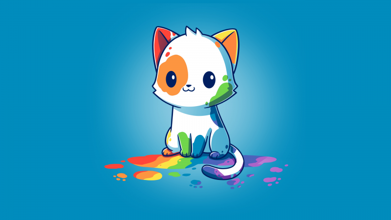 Rainbow cat, Blue background, Cute Cat, 5K, 8K, Colorful, Wallpaper