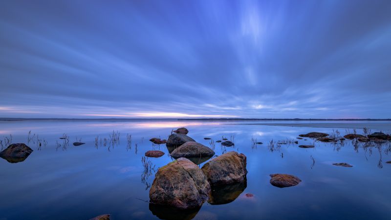 Lake, Sweden, Blue, Rocks, Cold, Morning, 5K, Wallpaper