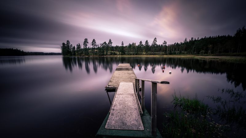 Dusk, Sunset, Evening, Long exposure, Wooden pier, Lake, Sweden, 5K, Wallpaper
