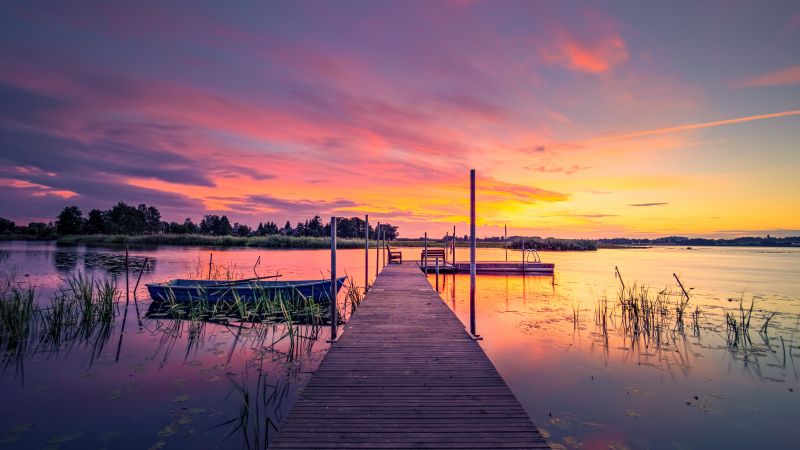 Sunset, Sweden, Lake, Twilight, Wooden jetty, Pier, Tranquility, 5K, Wallpaper