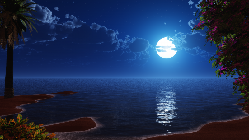 Beach, Night, Seascape, Moon, Blue Sky, Wallpaper