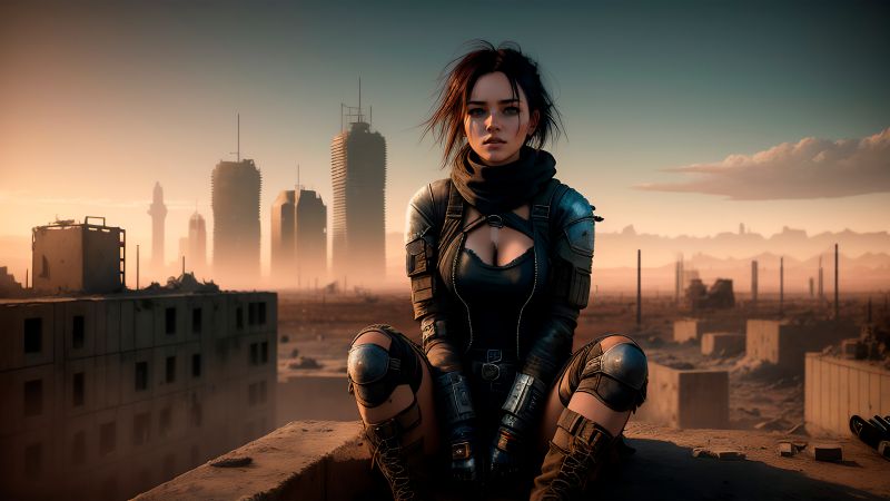 Hunter, AI art, Cyberpunk girl, Apocalypse, Wallpaper