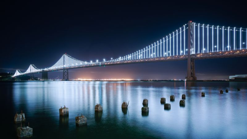 San Francisco-Oakland Bay Bridge, Night lights, Reflection, Modern, 5K, 8K, Wallpaper